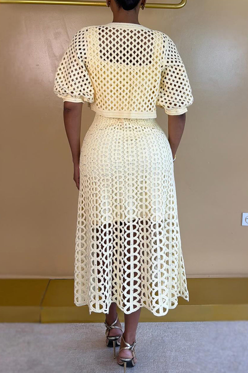 Women's Elegant Puff-Sleeve Cutout Cardigan Midi Dress 2-Piece Set