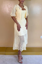 Women's Elegant Puff-Sleeve Cutout Cardigan Midi Dress 2-Piece Set