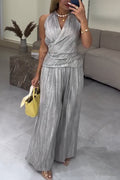 Women V-neck Strap Sleeveless Strap Top + Wide Leg Pants Casual Set