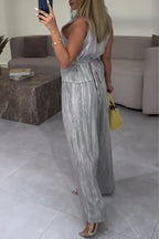 Women V-neck Strap Sleeveless Strap Top + Wide Leg Pants Casual Set