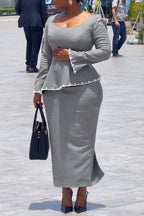 Women Square Collar Long Sleeved Irregular Top + Half Skirt Temperament Casual Formal Suit