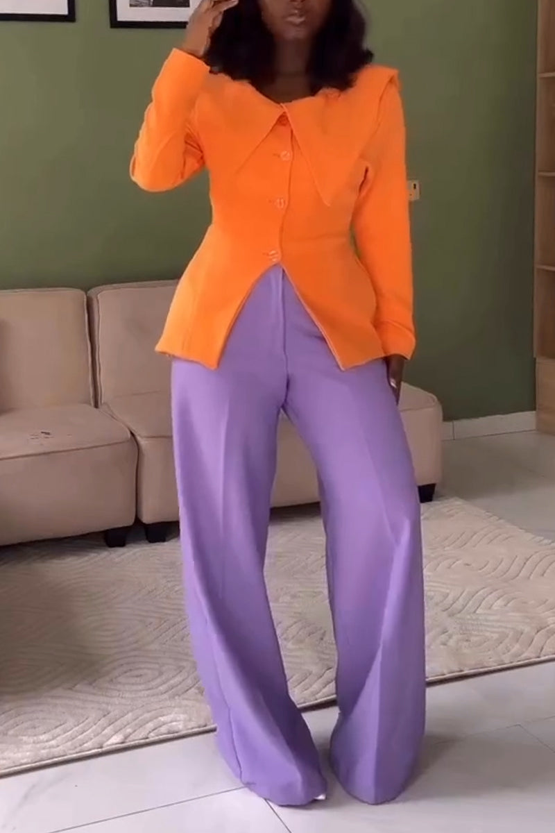Women Collar Solid Color Slit Formal Jacket or Wide Leg Pants