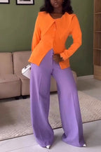 Women Collar Solid Color Slit Formal Jacket or Wide Leg Pants