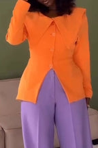 Women Collar Solid Color Slit Formal Jacket or Wide Leg Pants