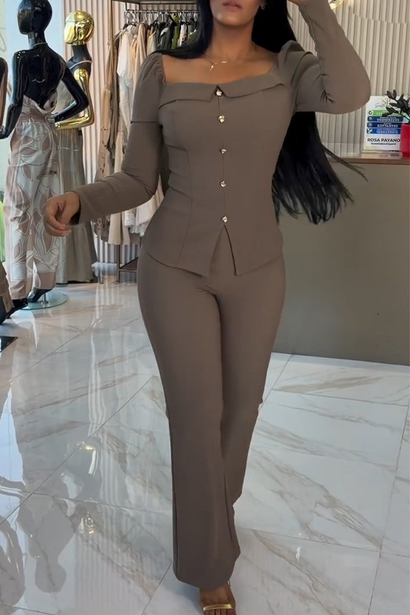 Women Square Neck Breasted Top+ Pants Casual Outfit with Temperament