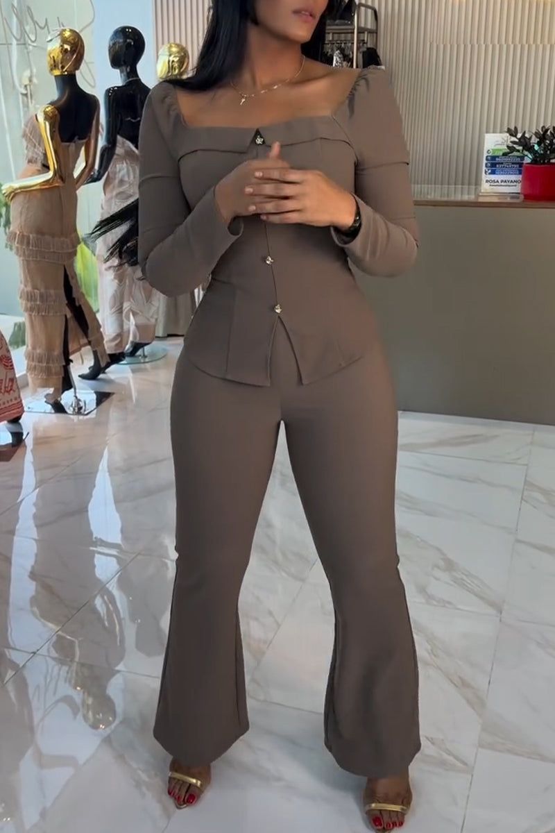 Women Square Neck Breasted Top+ Pants Casual Outfit with Temperament