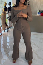 Women Square Neck Breasted Top+ Pants Casual Outfit with Temperament