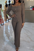 Women Square Neck Breasted Top+ Pants Casual Outfit with Temperament