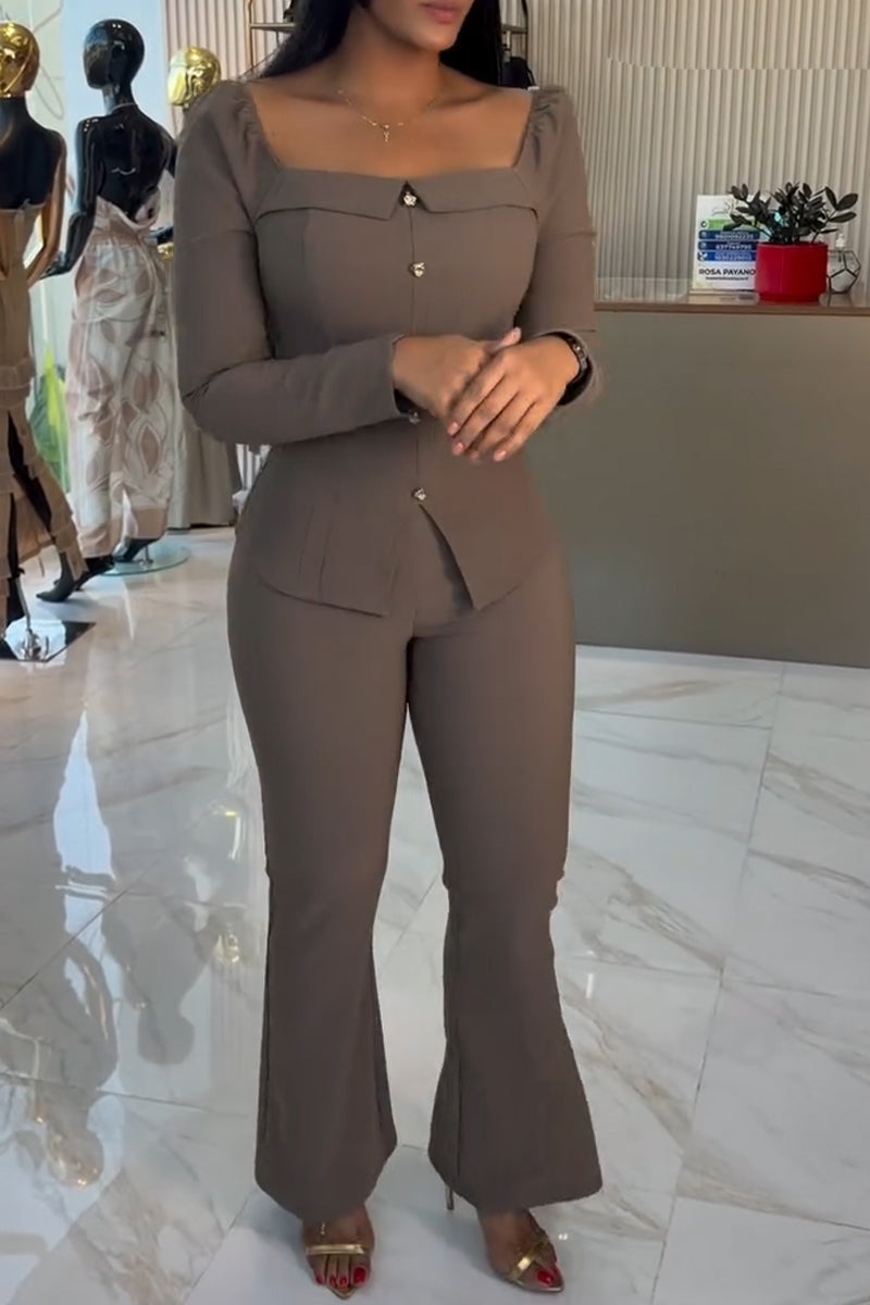 Women Square Neck Breasted Top+ Pants Casual Outfit with Temperament