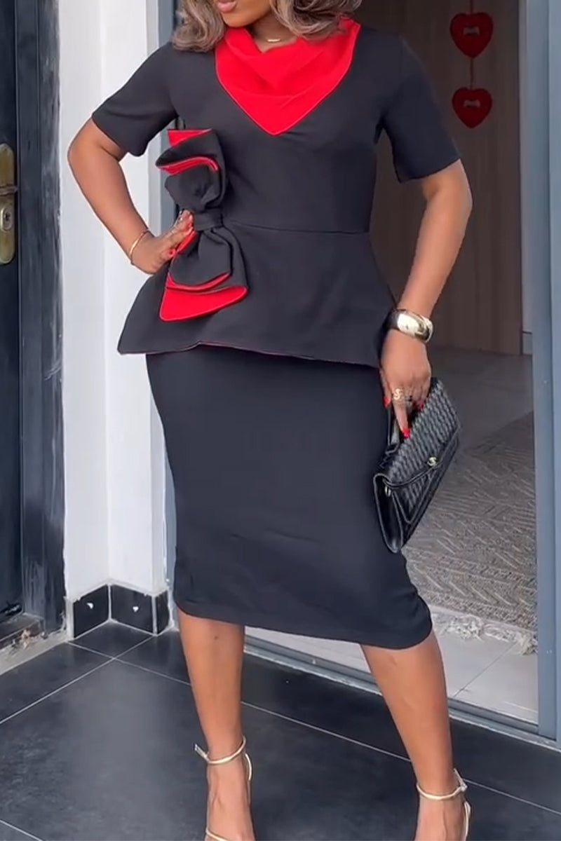 Women Round Neck Spliced Bow Top + Half Skirt Temperament Commuting Style Formal Suit