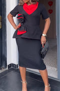 Women Round Neck Spliced Bow Top + Half Skirt Temperament Commuting Style Formal Suit