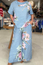Women's Casual Printed T Shirt Top Or Wide Leg Pants