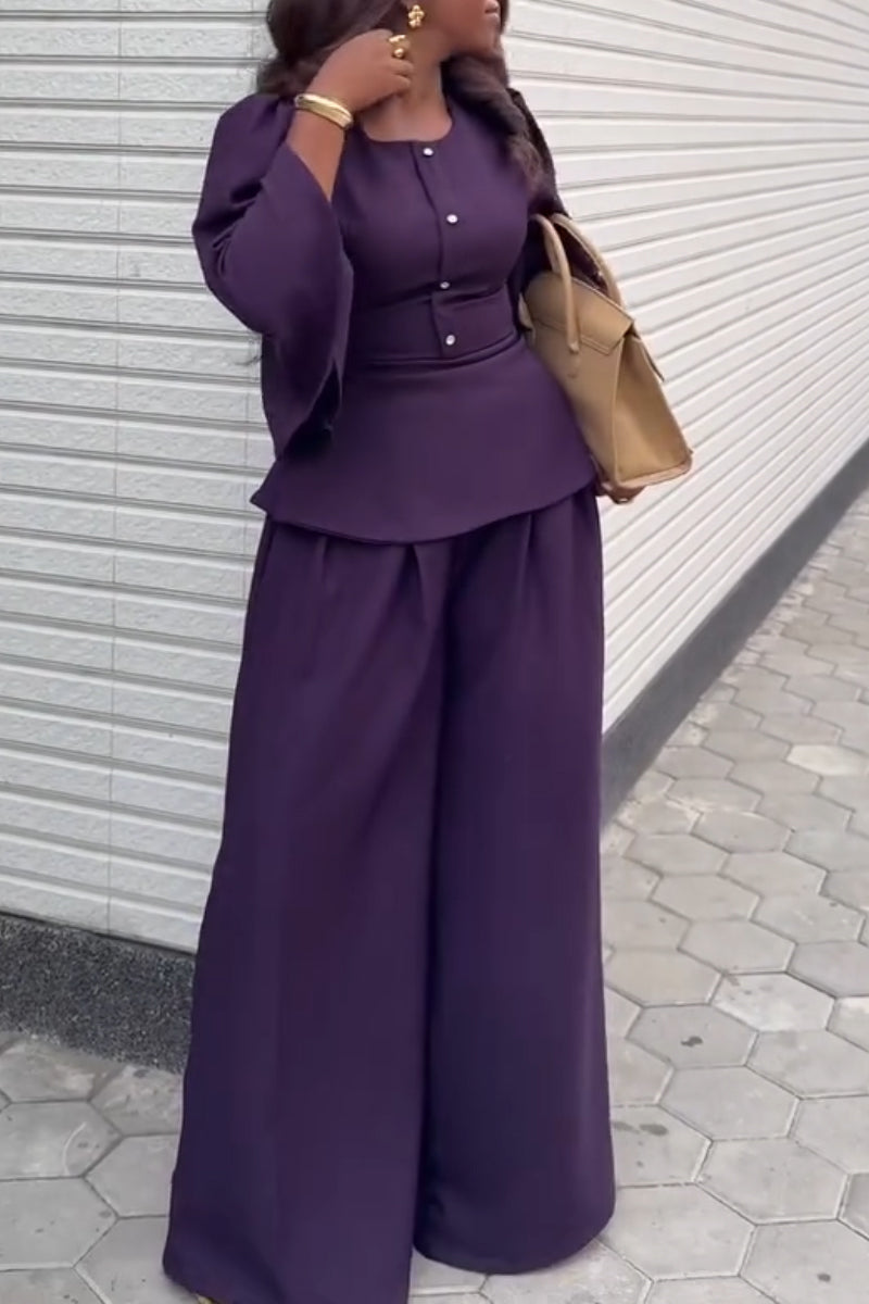 Womens U-neck Waist Cinched Top+ Wide Leg Pants Elegant Temperament Formal Suit