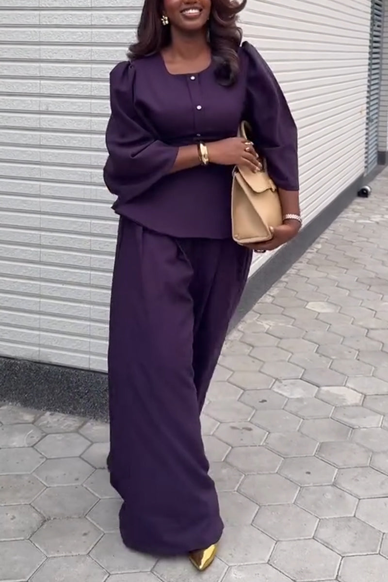 Womens U-neck Waist Cinched Top+ Wide Leg Pants Elegant Temperament Formal Suit