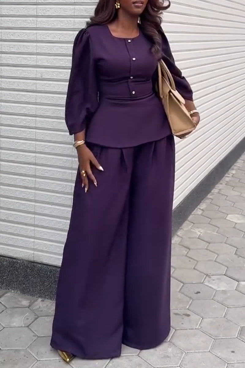 Womens U-neck Waist Cinched Top+ Wide Leg Pants Elegant Temperament Formal Suit