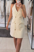 Women V-neck Sleeveless Double Breasted Waist Cinched Elegant Casual Mini Dresses