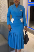 Women Collar Waist Cinching Pleated and Elegant Formal Dress