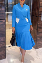 Women Collar Waist Cinching Pleated and Elegant Formal Dress