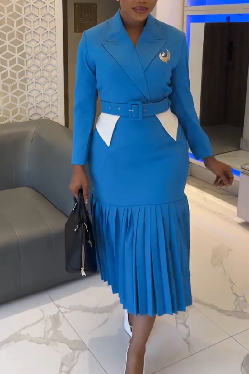 Women Collar Waist Cinching Pleated and Elegant Formal Dress