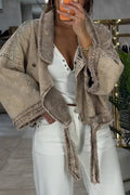 Women Collar Spliced Rhinestone Casual Denim Jacket