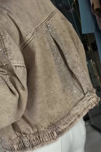 Women Collar Spliced Rhinestone Casual Denim Jacket