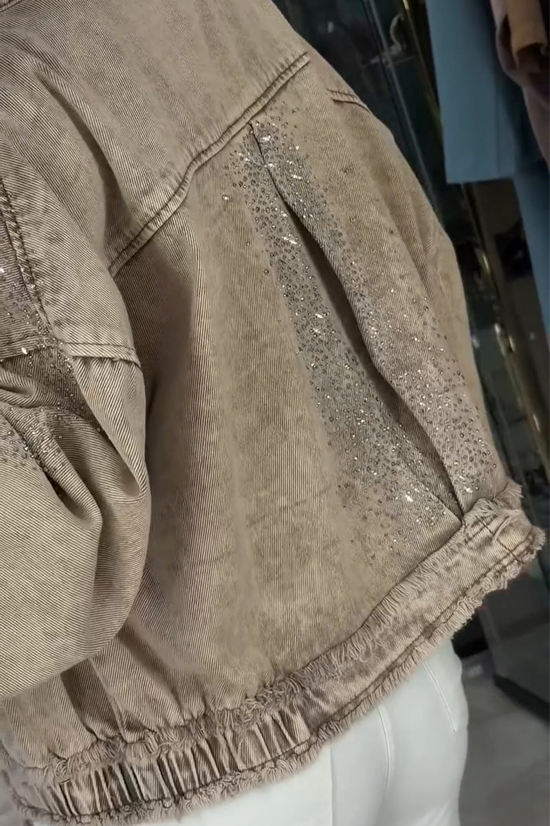 Women Collar Spliced Rhinestone Casual Denim Jacket