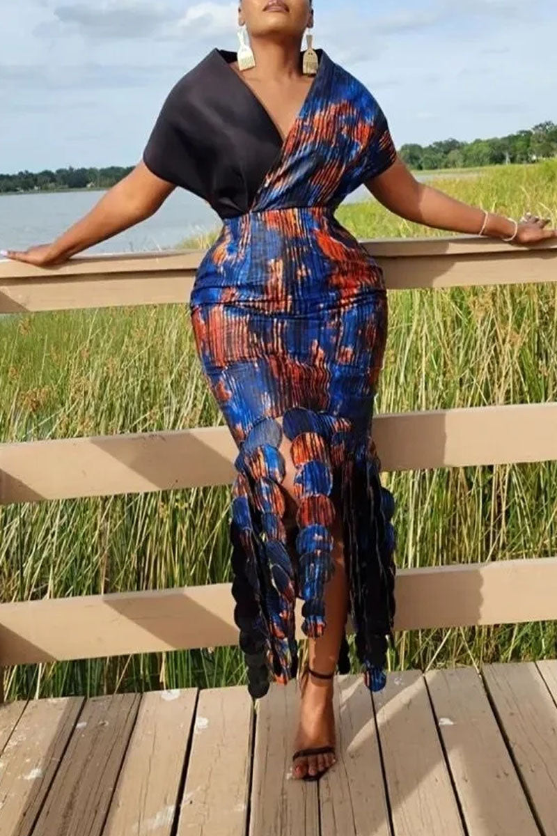 Women's African Print Wrap Dress With Contrast Sleeve And Scalloped Hem