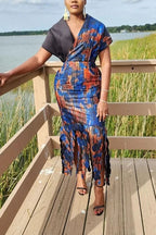 Women's African Print Wrap Dress With Contrast Sleeve And Scalloped Hem