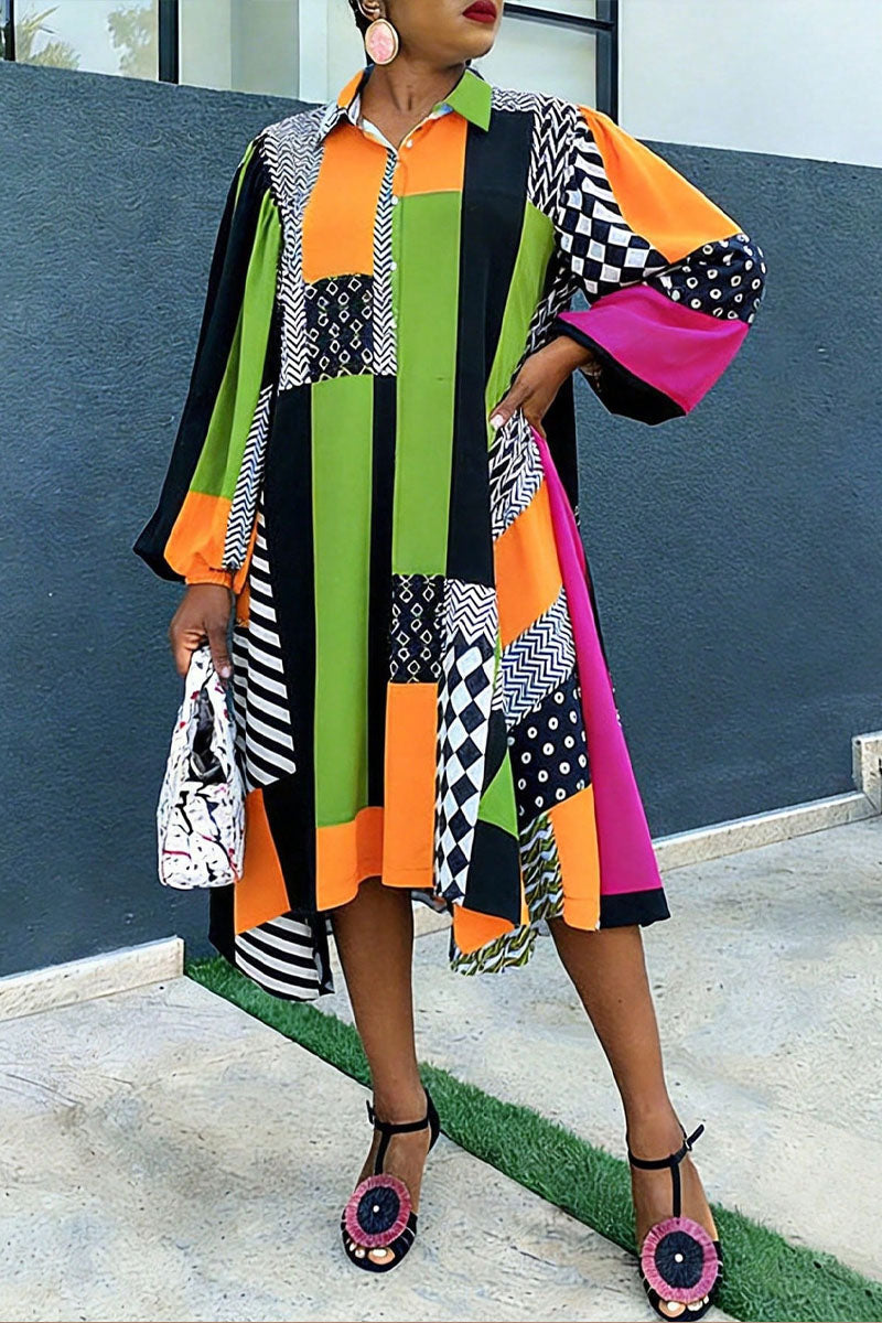 Women's African Ankara Print Patchwork Oversized Shirt Dress