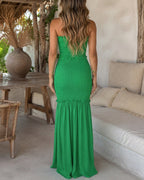 Sweetheart Neck Frill Trim Shirred Slim Fit Maxi Dress Elegant Cutout Front Mermaid Hem Evening Dress