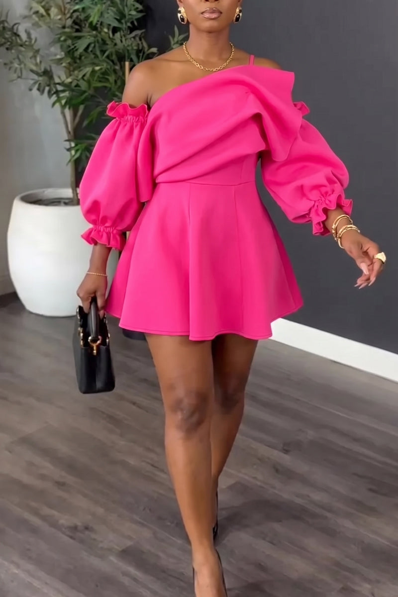 Women's Flounce Off-Shoulder Dress with Long Ruffled Cuffs & A-Line Skirt