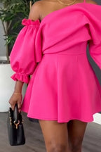 Women's Flounce Off-Shoulder Dress with Long Ruffled Cuffs & A-Line Skirt