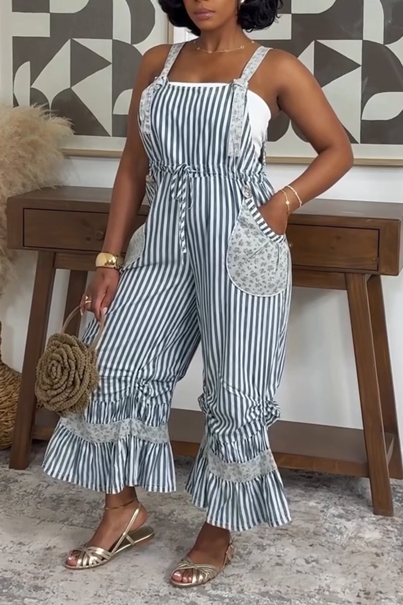 Women Spaghetti Strap Vertically Stitched Loose Casual Jumpsuit