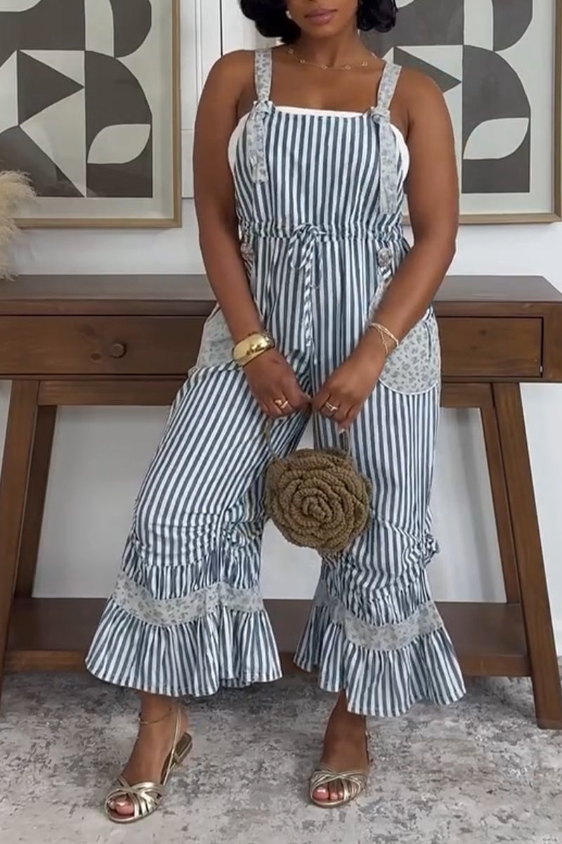 Women Spaghetti Strap Vertically Stitched Loose Casual Jumpsuit