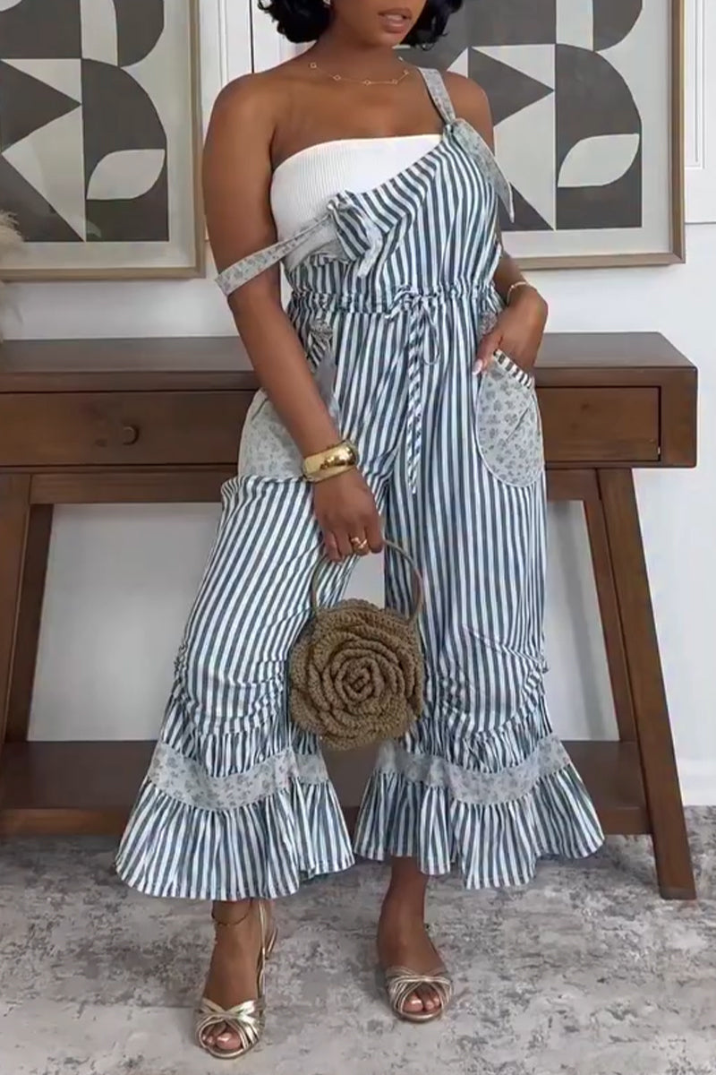 Women Spaghetti Strap Vertically Stitched Loose Casual Jumpsuit