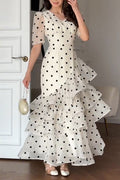 omen's Elegant Tiered Flounce Hem Polka Dot Dress