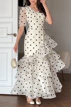 omen's Elegant Tiered Flounce Hem Polka Dot Dress