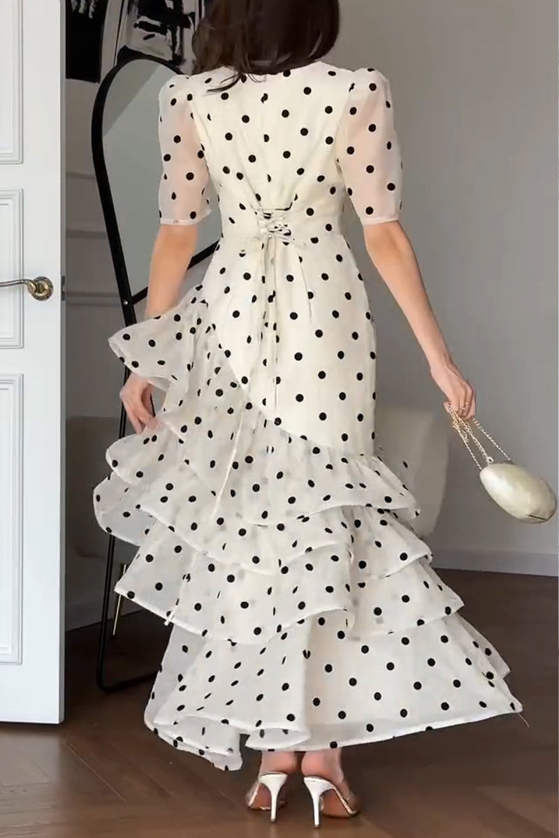 omen's Elegant Tiered Flounce Hem Polka Dot Dress