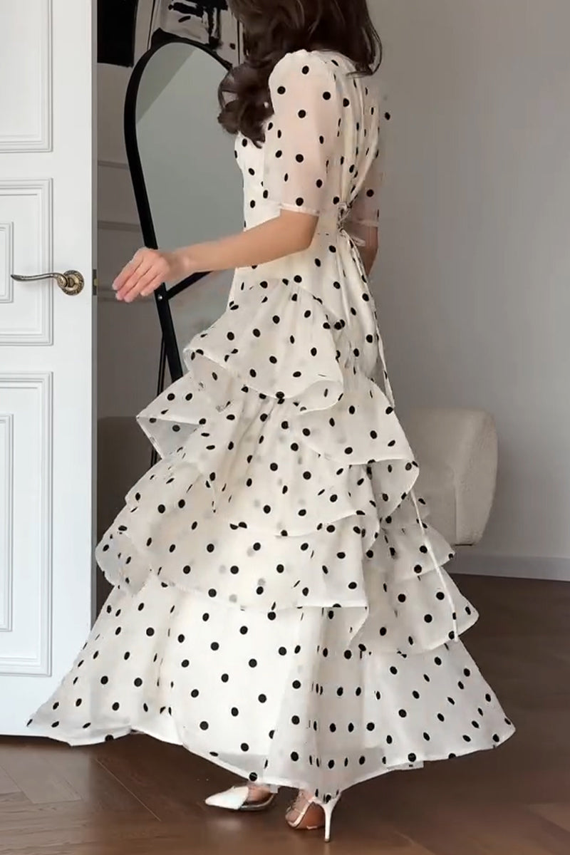 omen's Elegant Tiered Flounce Hem Polka Dot Dress