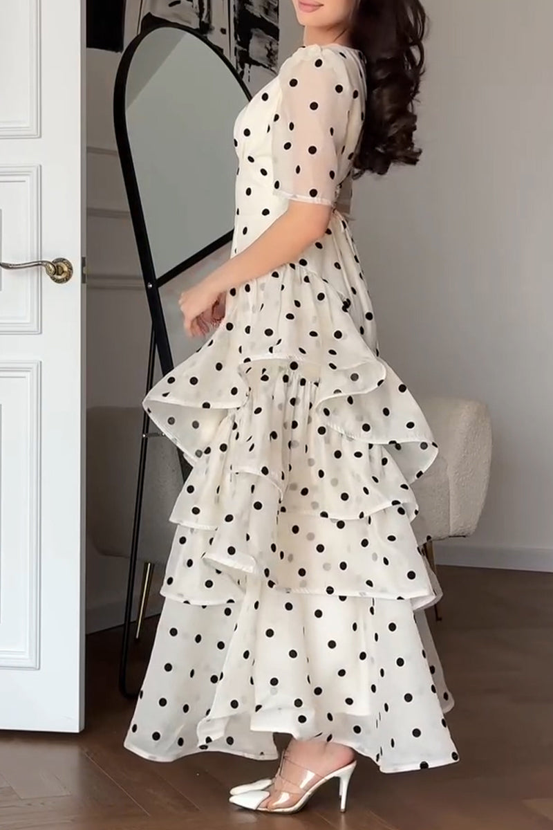 omen's Elegant Tiered Flounce Hem Polka Dot Dress
