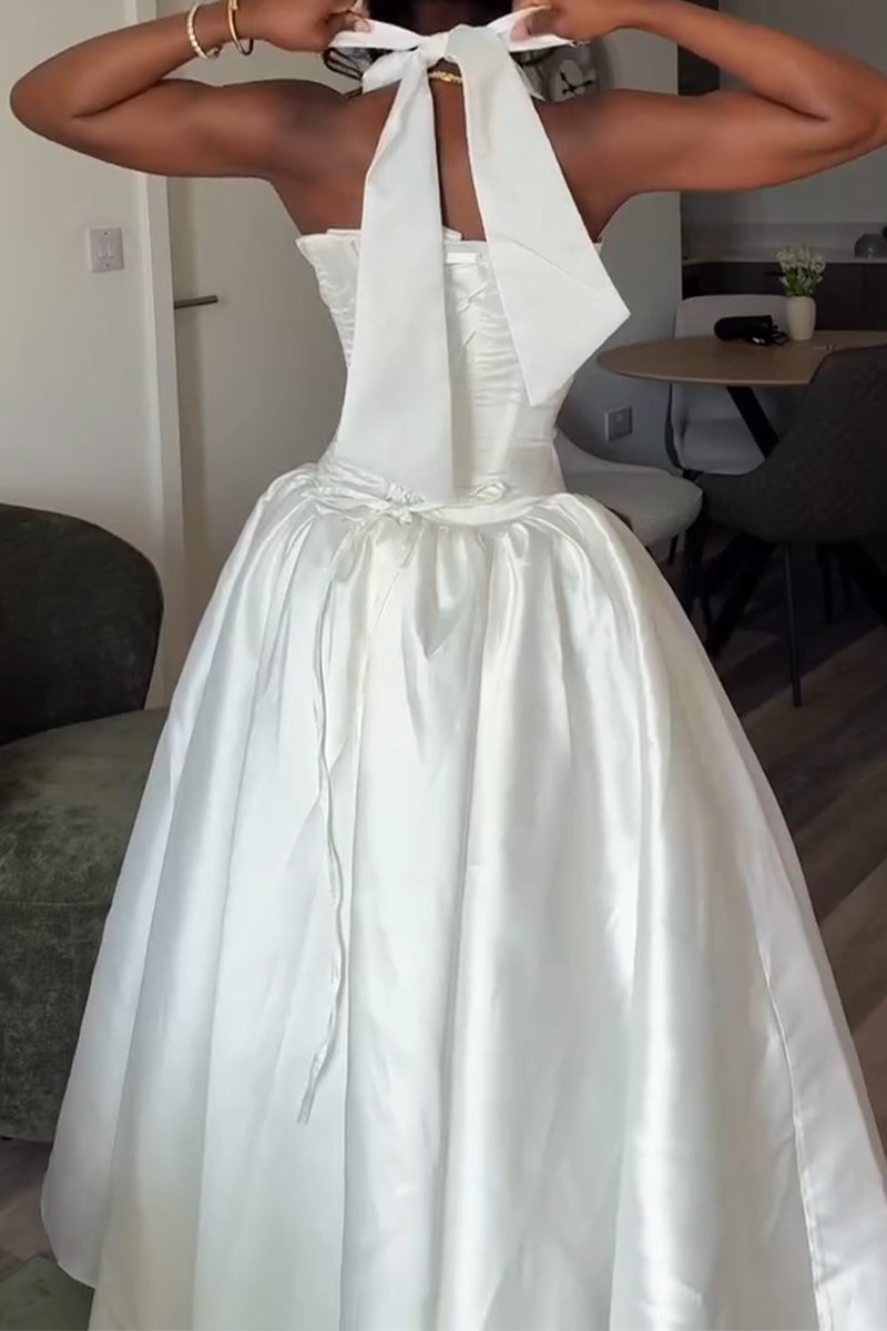 Women V-neck Patchwork Waist Cinching Solid Color Elegant Temperament Dress