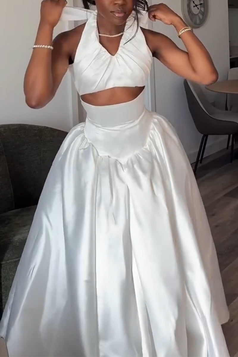 Women V-neck Patchwork Waist Cinching Solid Color Elegant Temperament Dress