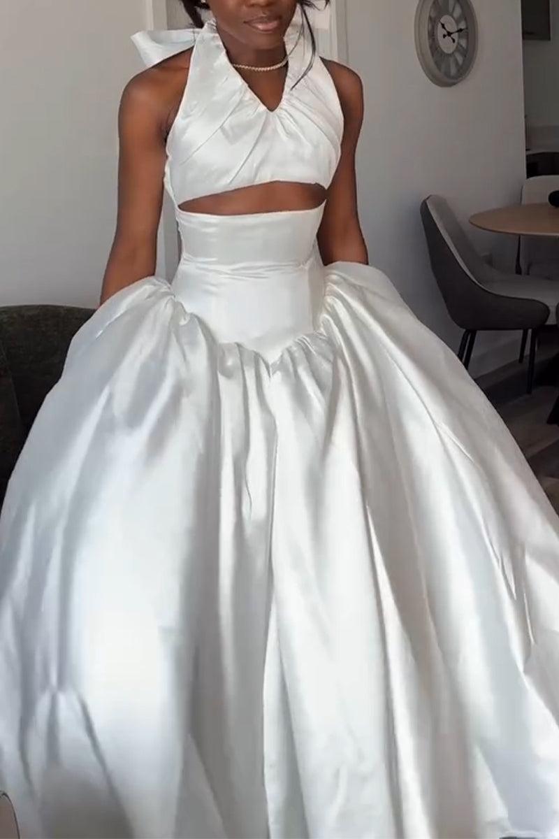 Women V-neck Patchwork Waist Cinching Solid Color Elegant Temperament Dress
