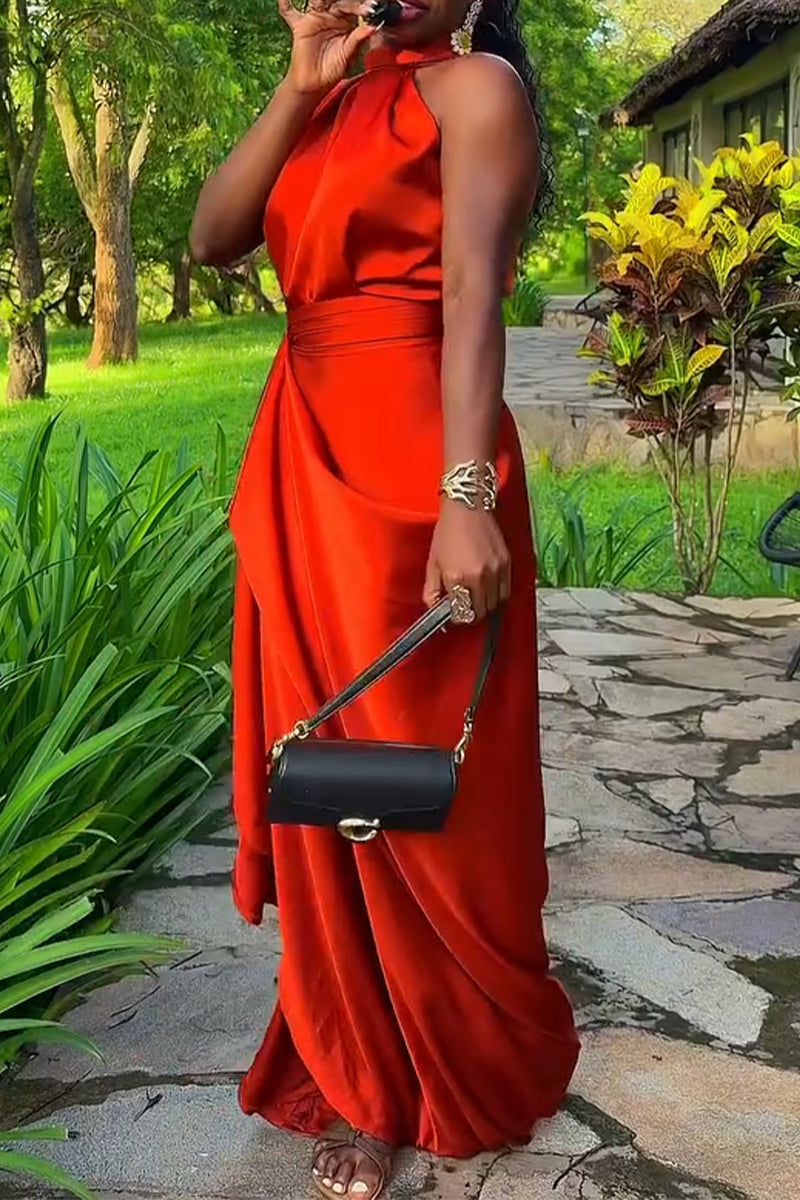 Womens Neck Hanging Sleeveless Waist Cinching and Elegant Temperament Maxi Dresses
