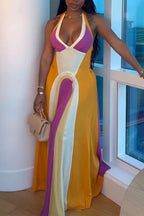 Women Neck Hanging Sleeveless Waist Cinching Contrasting Elegant Temperament Dress