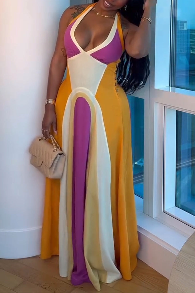 Women Neck Hanging Sleeveless Waist Cinching Contrasting Elegant Temperament Dress