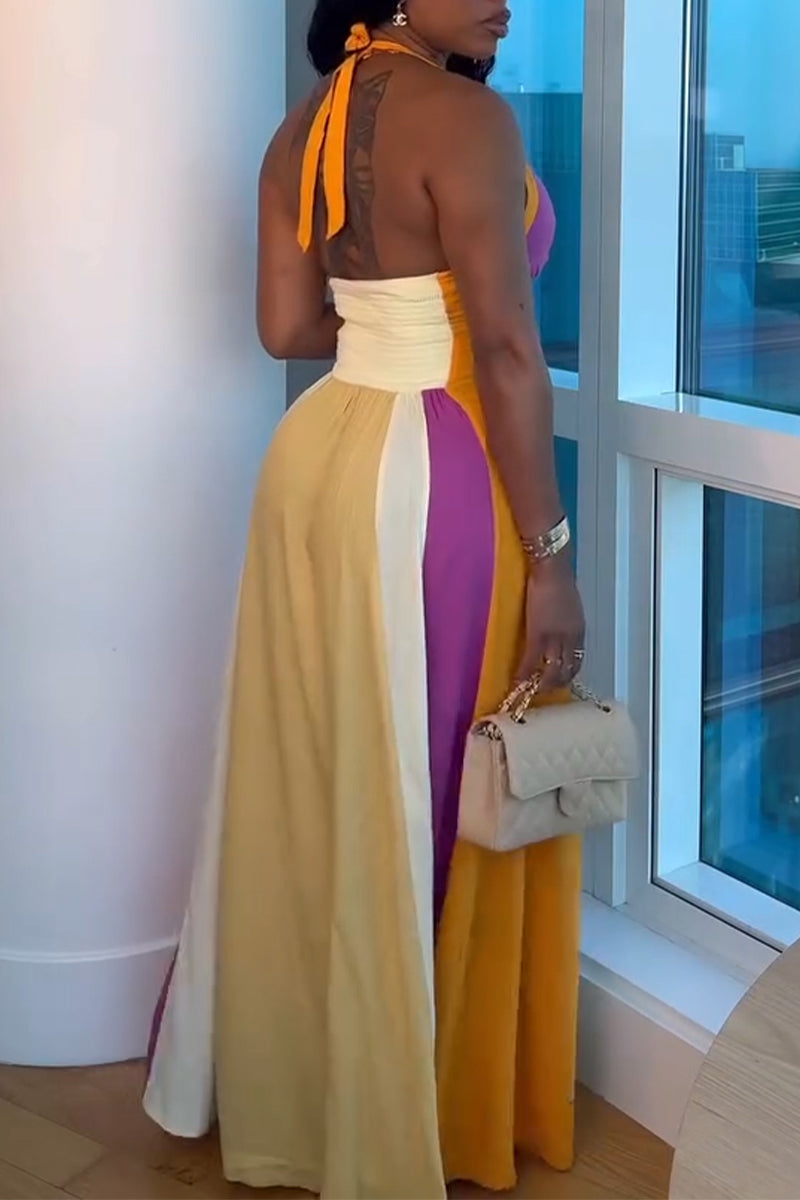 Women Neck Hanging Sleeveless Waist Cinching Contrasting Elegant Temperament Dress