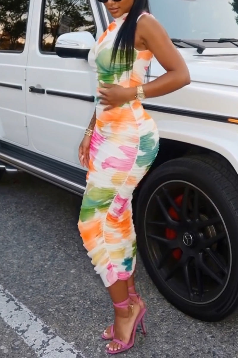 Women Round Neck Sleeveless Printed Slim Fit Elegant Temperament Hip Hugging Midi Dresses