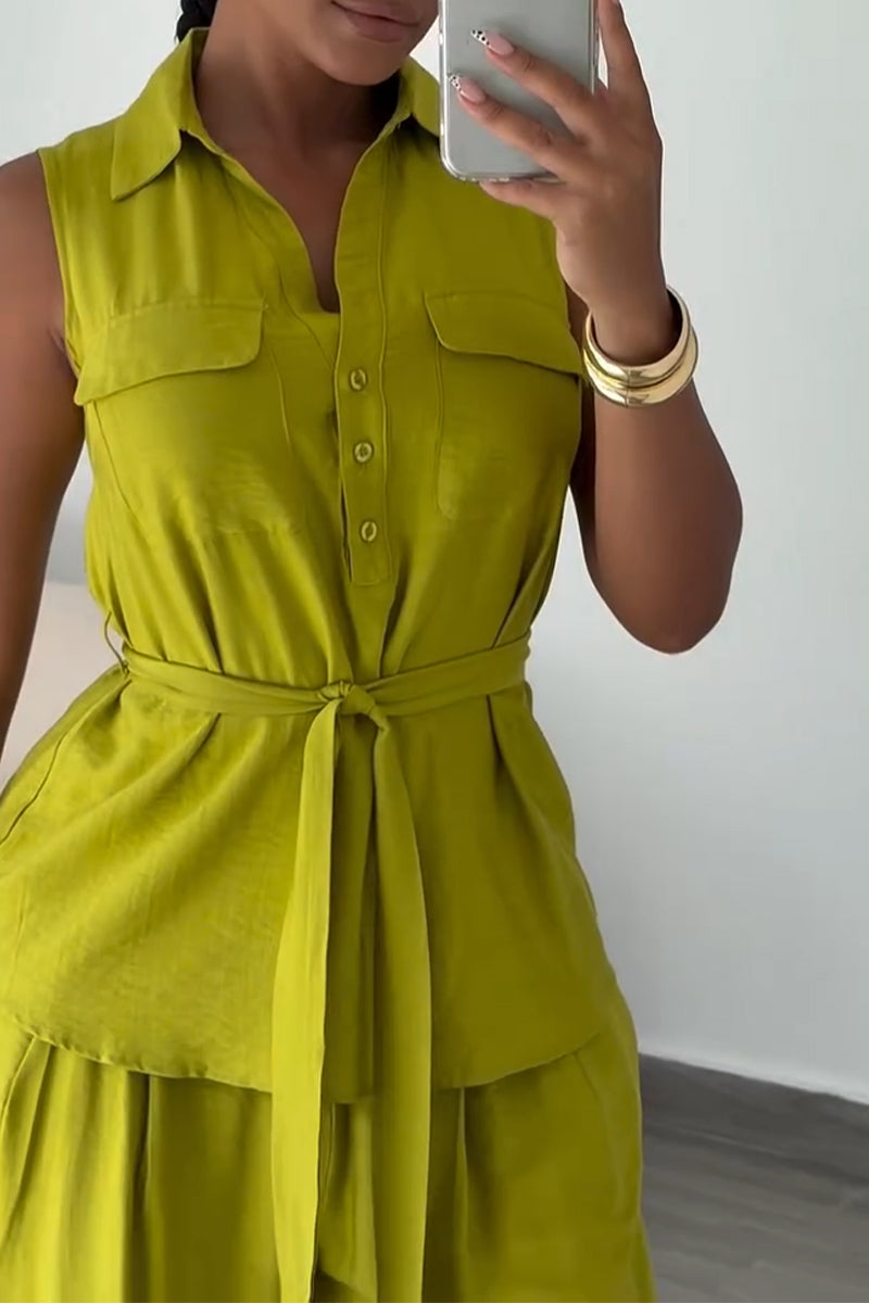 Women Collar Sleeveless Top + Wide Leg Pants Casual Set with Temperament