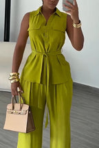 Women Collar Sleeveless Top + Wide Leg Pants Casual Set with Temperament